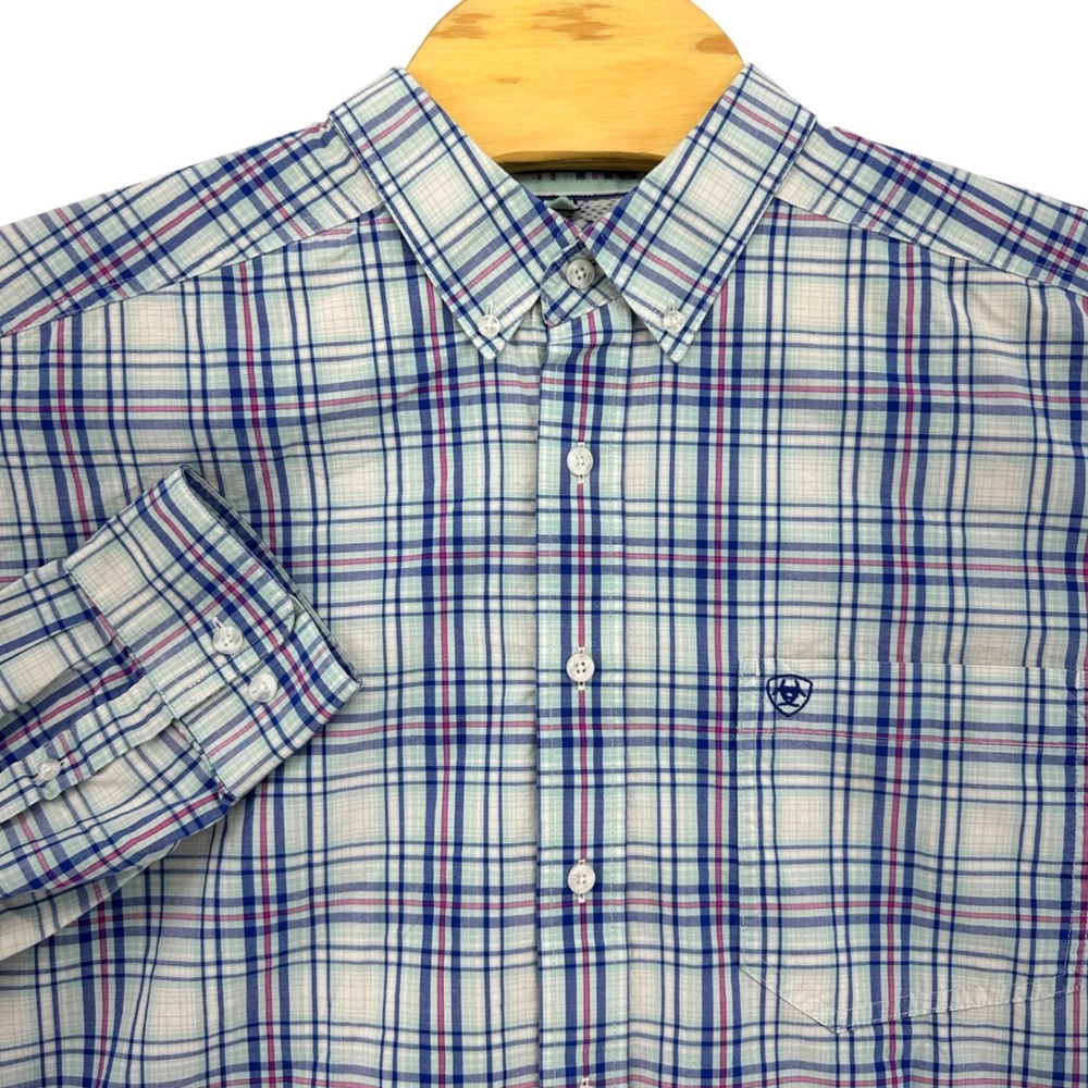 Ariat Pro Series Mens XXL Plaid Long Sleeve Button Down Western Shirt Blue Pink